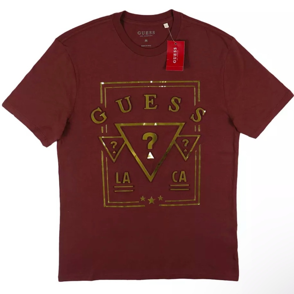Guess LA Men Logo Graphic Crew Neck LA Triangle Design T-Shirt  Brown Gold Short
